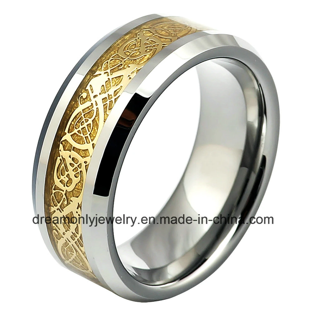 Custom Wholesale Fashion Jewelry 18K Gold Celtic Dragon Inlay Tungsten Ring