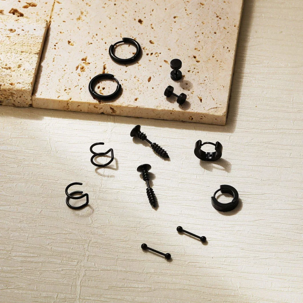 Finetoo Stainless Steel Black Plated Tiny Hoop Pierced Screw Dumbbell Stud Earrings