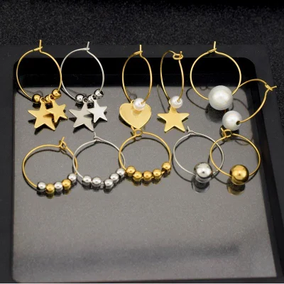 Geometrische Kreis-Perlen-Creolen-Mond-Kreuz-Ohrringe aus Edelstahl in runder Form