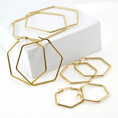 Geometry Series Trendy Jewelry Edelstahl 18 Karat vergoldete große sechseckige Creolen für Frauen