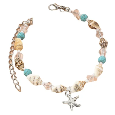 Mehrschichtige Charm-Perlen Meer handgemachte Boho Fußkettchen Handschmuck für Frauen Mädchen blaue Seestern Schildkröte Fußkettchen
