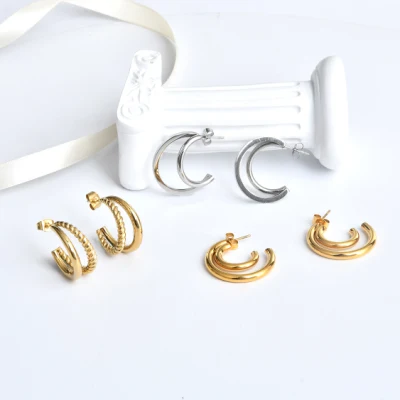 Fashion Custom Edelstahl vergoldet Damen Creolen Elegante Mode Runde Doppelkreis Ohrringe