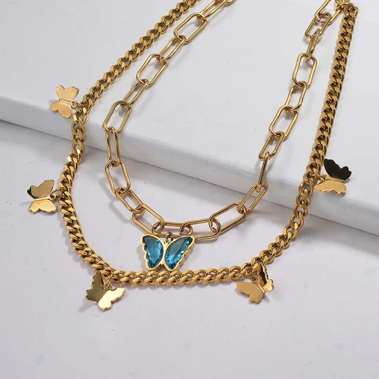 Großhandel Edelstahl 18K Gold Anhänger Charm Schmetterling Layered Damen Halskette