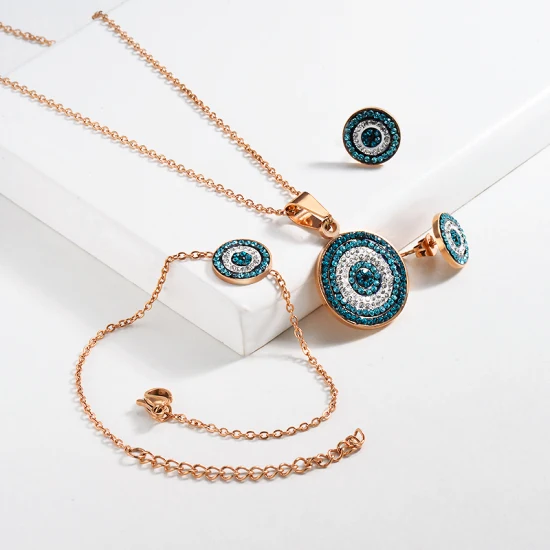 Blaue Strass-Schmucksets mit bösem Blick, Gold-Halskette, Edelstahl-Halskette, Modeschmuck